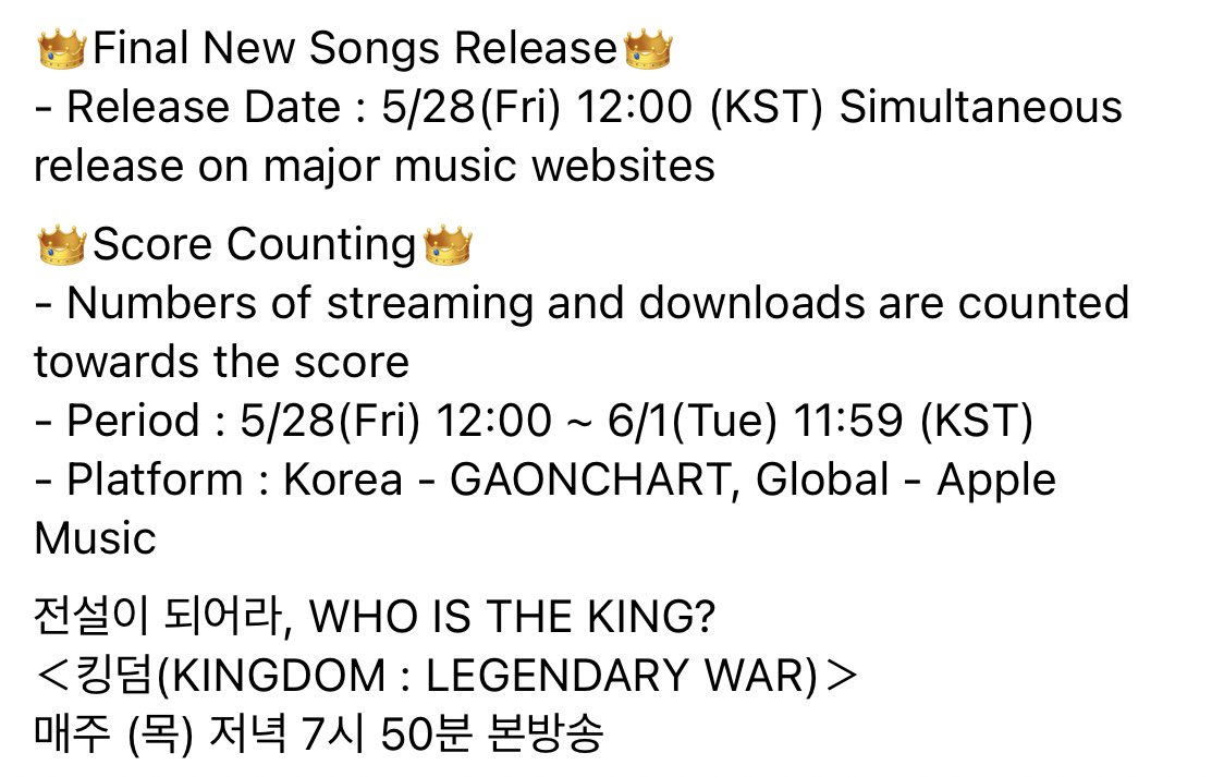 ATEEZ_SMA's tweet photo. ‼️‼️Streaming/Downloads for Global fans will be from Apple Music!! Final Song will be released on FRI 5/28 12:00 KST &amp; score counting is until TUES 6/1 11:59 KST‼️‼️
👇👇👇👇
@ATEEZofficial #ateez #에이티즈 https://t.co/WYB1R8xyN2