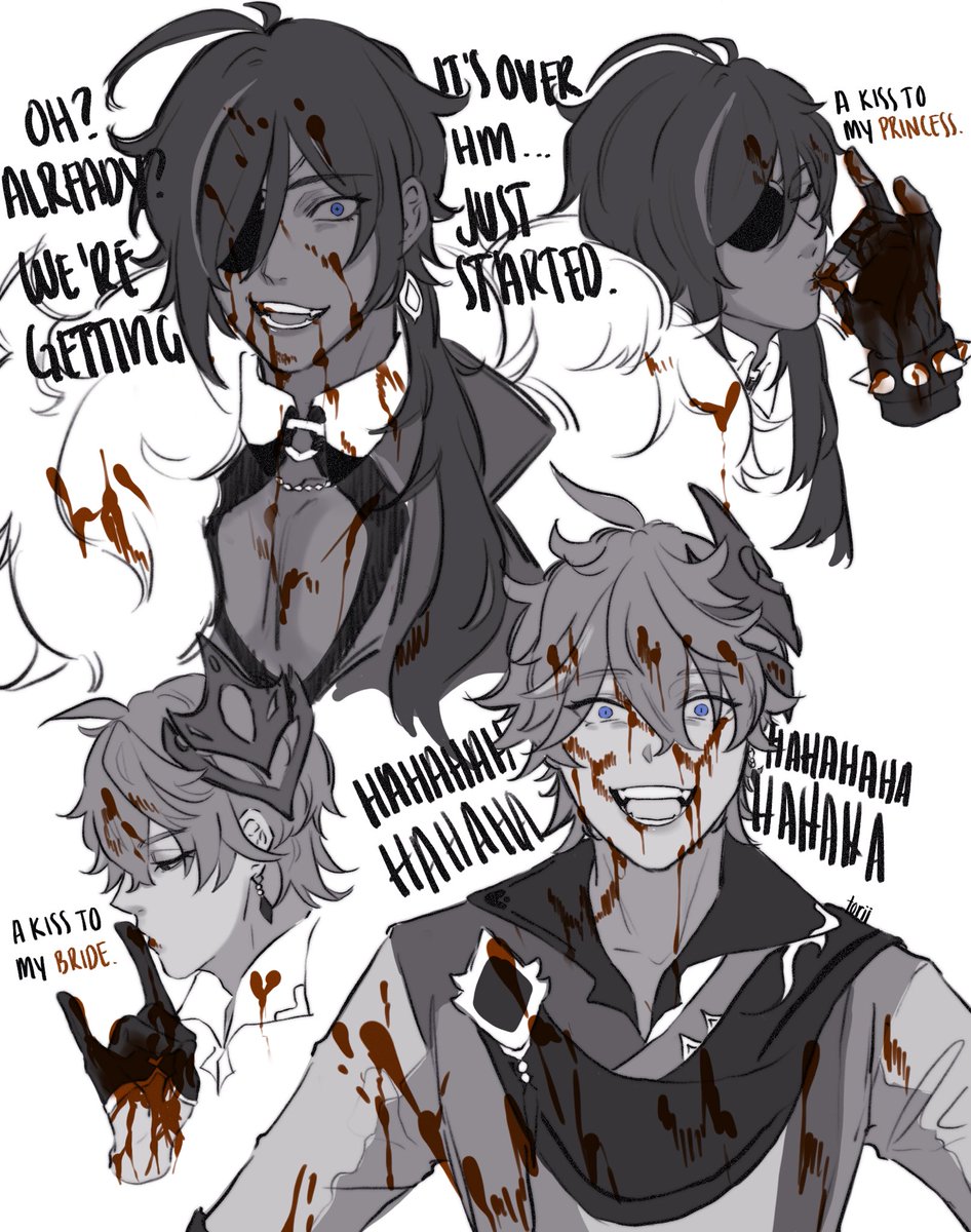TW: blood
This for you @sleepwl ❤❤
I wanted more unhinged and bloodied childe and kaeya uwu 