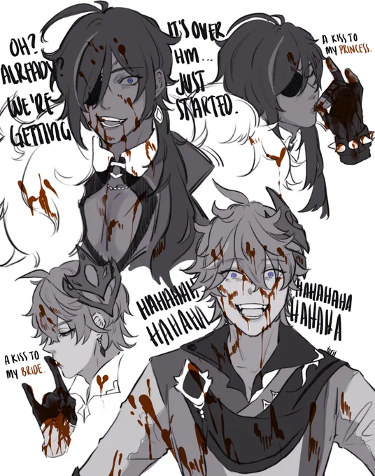 TW: blood
This for you @sleepwl ❤❤
I wanted more unhinged and bloodied childe and kaeya uwu 
