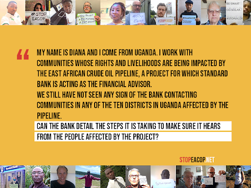 stopEACOP's tweet photo. Diana from Uganda is at #StandardBankAGM challenging the bank on its finance for EACOP and its community consultation. https://t.co/55QR7hneje