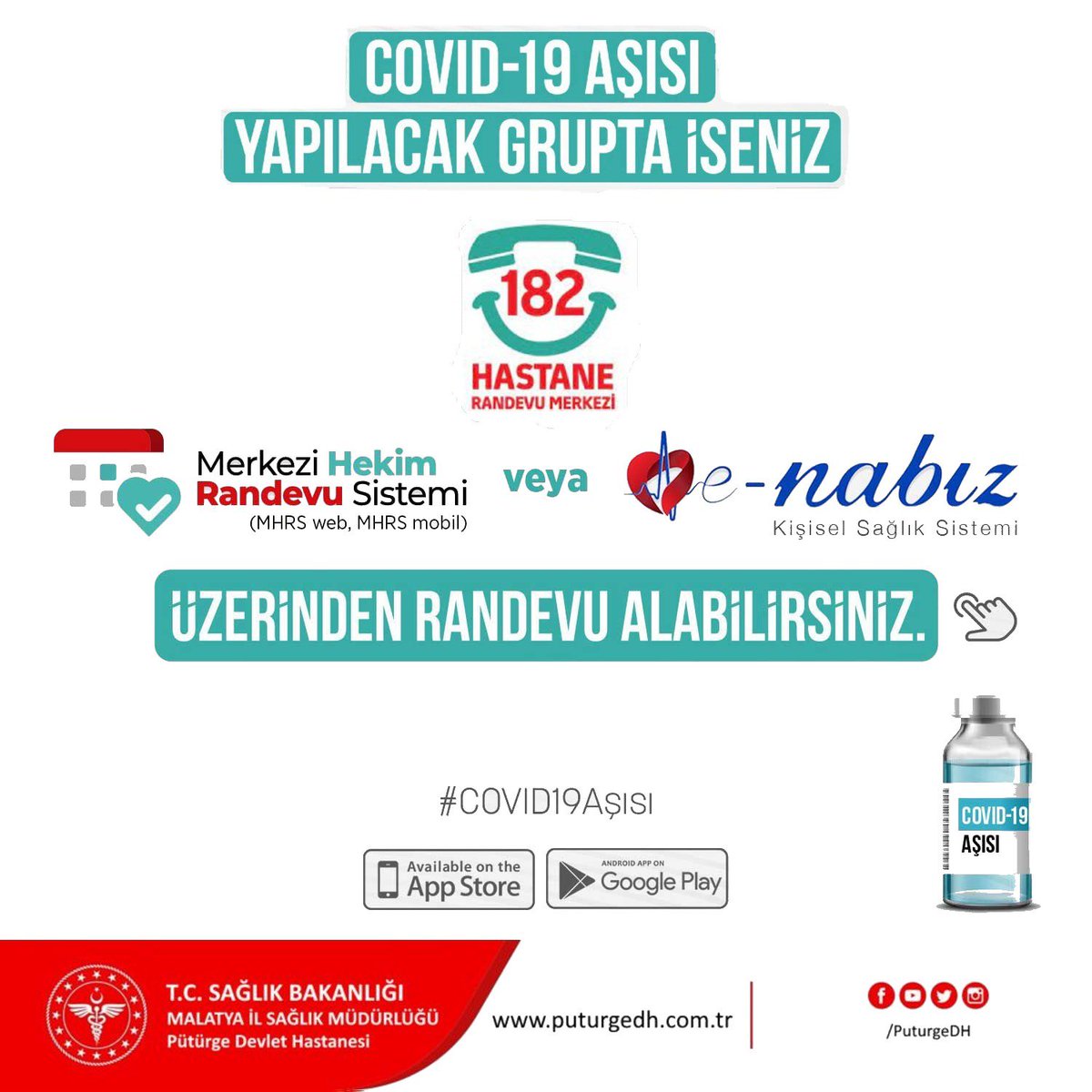 Covid-19 aşısı yapılacak grupta iseniz #mhrs #182randevu veya #enabiz üzerinden randevu alabilirsiniz 💉 #COVID19 #saglikbakanligi #covidasisi