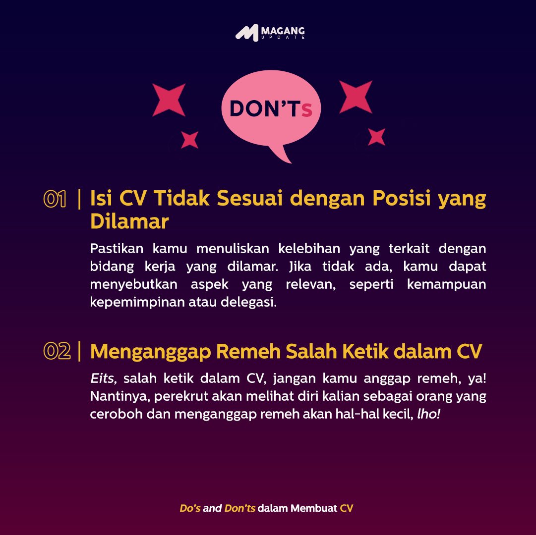MagangUpdate's tweet photo. Untuk lebih lengkapnya, Hunters bisa mendapatkan kelas bedah CV di MagangUpdate Academy Vol. 3, loh!
Yuk, segera daftar!😆
#magang #magangupdate #internship #magangjakarta #magangindonesia #infomagang #sukses #magangonline #intern #CV #dos #donts #bedahcv #magangupdateacademy https://t.co/z35SZ00os2