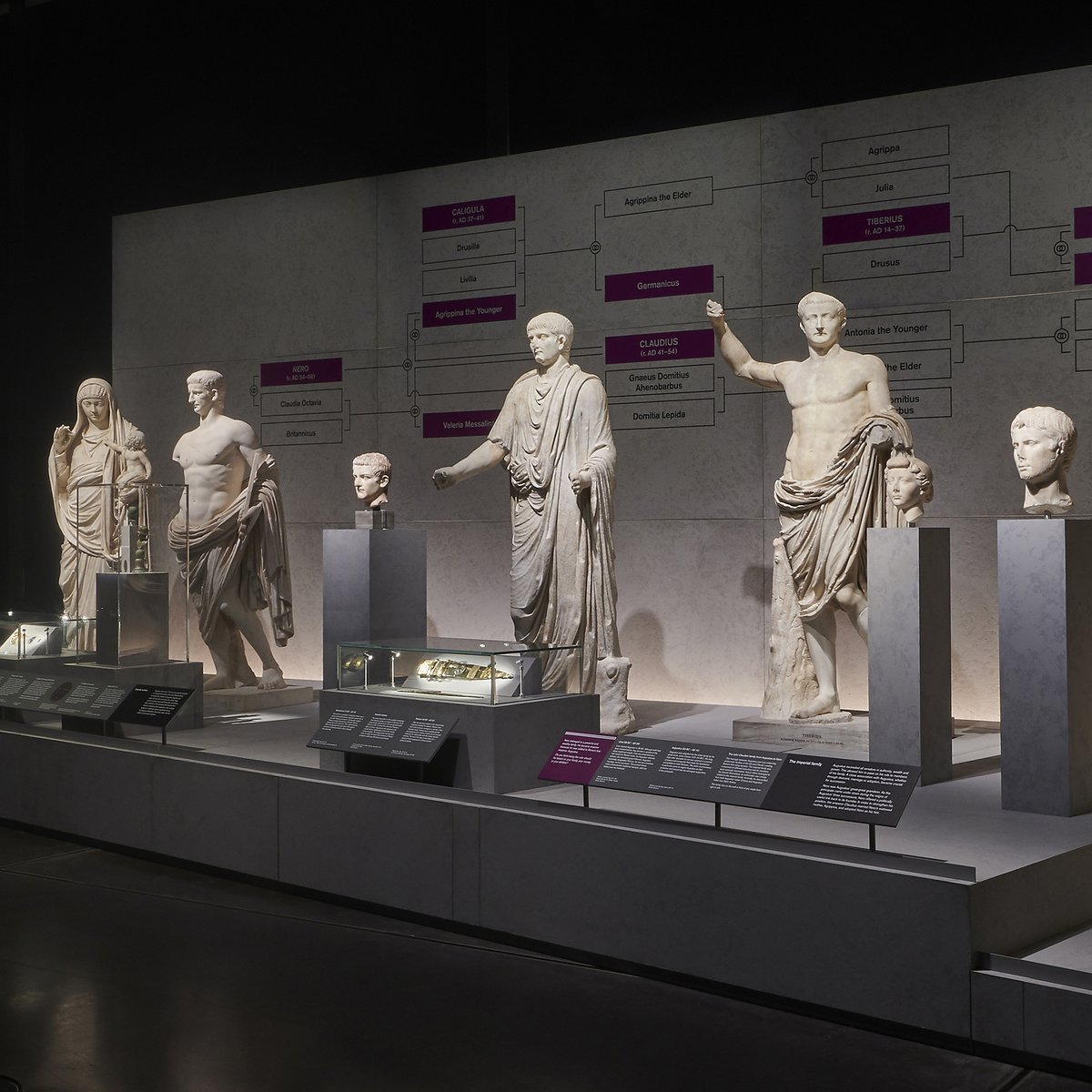 Inside the exhibition - Nero's family tree is shown through a row of statues, busts and objects. 