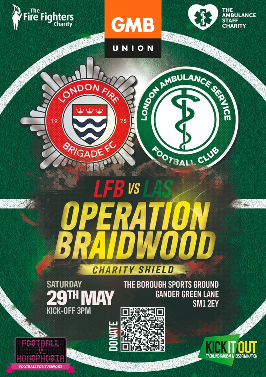 2 days to go!!! 
Charity Game:
𝗟𝗼𝗻𝗱𝗼𝗻 𝗔𝗺𝗯𝘂𝗹𝗮𝗻𝗰𝗲 𝗦𝗲𝗿𝘃𝗶𝗰𝗲 𝗙𝗖 𝘃 𝗟𝗼𝗻𝗱𝗼𝗻 𝗙𝗶𝗿𝗲 𝗕𝗿𝗶𝗴𝗮𝗱𝗲 𝗙𝗖
29/05/2021 - KO 15:00 <a href="/suttonunited/">Sutton United</a> 
Free Tickets: bit.ly/3u76v6Q
Donate: bit.ly/3vdisYR

streamed live on

youtu.be/vHTOYhmzLds