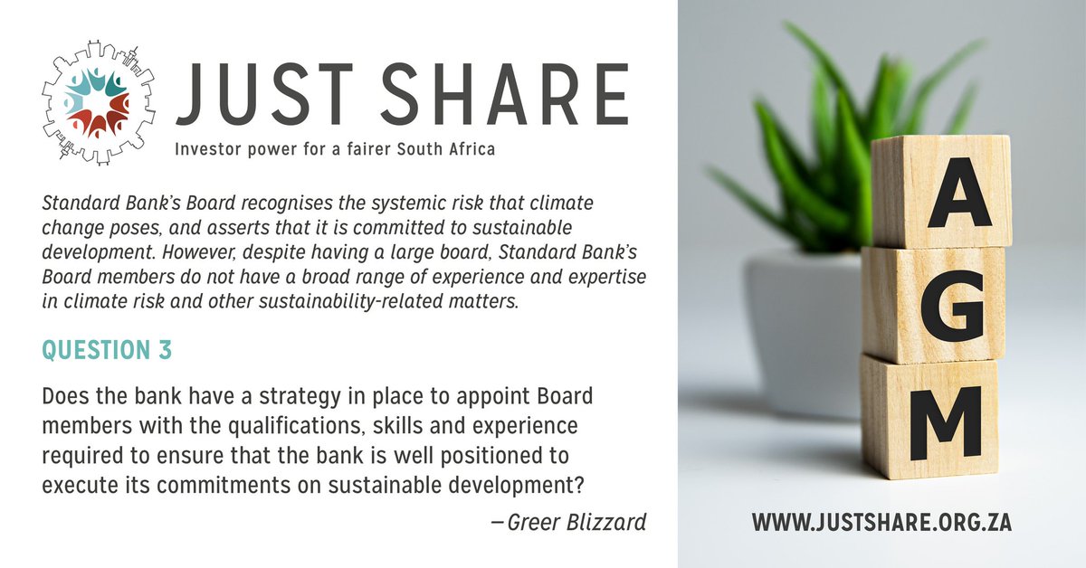 greerblizzard's tweet photo. I'm attending the @StandardBankZA AGM this morning, with @JustShareSA and other stakeholders concerned about various ESG issues. This is what I asked:
#StandardBankAGM #climaterisk  #ESG We need a climate competent board at Africa's biggest bank. https://t.co/hQFxjNvG06