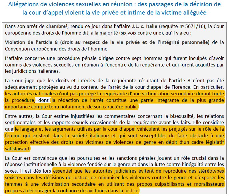 Sexisme des juges : Le fait pour une juridiction pénale de recourir à des stéréotypes sexistes viole la #CEDH.

Pour acquitter les accusés d'agression sexuelle, les juges ont multiplié les préjugés &amp; commentaires sur la vie sexuelle de la plaignante.

=> bit.ly/3yJPN04