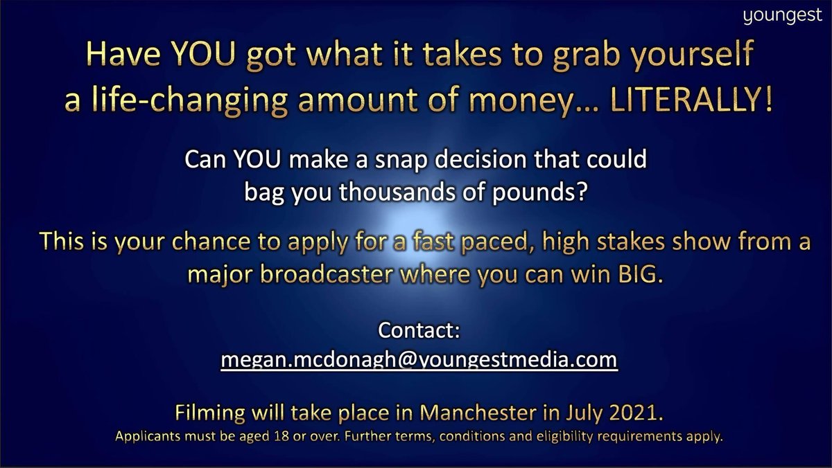<a href="/TellyBoxCasting/">Telly Box Casting</a> *PLEASE RT* - Youngest Media are looking for fun, diverse and entertaining people to join us on a Brand New fast paced show that gives you the chance to win an amazing amount of cash!! FILMING IN MANCHESTER IN JULY!