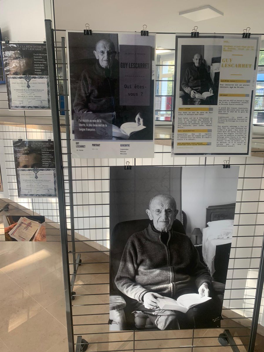 AcBordeaux's tweet photo. 📌A l'occasion de la #JournéeNationaleDeLaRésistance, le rectorat de #Bordeaux accueille l'exposition "À la rencontre de Guy Lescarret". Ce résistant de 94 ans, dernier du réseau Navarre, a rendu visite aux élèves du collège @AFCadillac pour leur parler de son histoire  🪖 https://t.co/k2k0sSd4l5