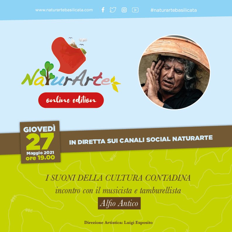 Giovedì' 27 maggio #naturarte online edition incontra Alfio Antico. 
Un cantautore, musicista e attore teatrale italiano, nato a Lentini, tra i maggiori interpreti mondiali della tammorra e del tamburo a cornice. La diretta sui canali social Fb YouTube Instagram #naturarte 👇🏾