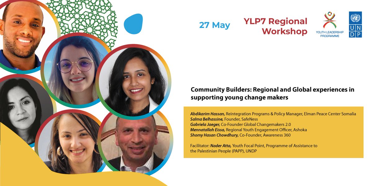 UNDP_Shababeek's tweet photo. Day 3, let's go! Diving into our topic of #communitybuilding together with our 1st session speakers: @naderatta16 @UNDPPalestinian, Abdikarim Hassa @ElmanPeaceHRC, @s_belhassine, @gabrielajaeger @WeAreGCM, Mennatallah Eissa @AshokaArabWorld, & @ShomyChowdhury @awareness_360 #YLP7 https://t.co/QzjRya7ACQ
