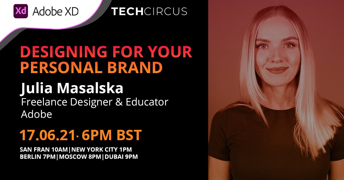 Join us on Wednesday the 17/06/21 for an exciting workshop with Julia Masalska - Freelance Designer &amp; Educator for <a href="/Adobe/">Adobe</a> 

Sign up -> techcircus.io/designingforyo…

Download the below to create along with Julia ⬇️
<a href="/AdobeXD/">Adobe XD</a> tinyurl.com/TechCircusBrand 
Starter Kit tinyurl.com/starterkitpers…