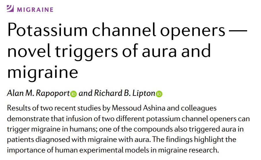 Our latest News and Views is now online! Potassium channel openers — novel triggers of aura and migraine, by Alan Rapoport and Richard Lipton go.nature.com/3fP0VAj #newfromnrneurology #migraine