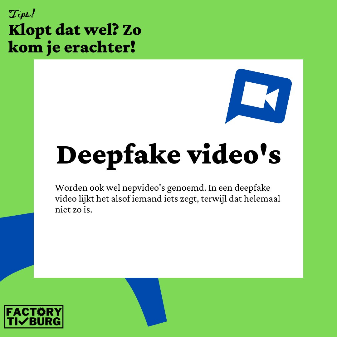 FactoryTilburg's tweet photo. Door bepaalde software kun je iemand iets laten zeggen wat diegene nooit gezegd heeft. Heb jij wel eens gehoord van deepfake video's? 📽️ #nepnieuws #factcheck #factorytilburg https://t.co/Qd9F1TBl8s