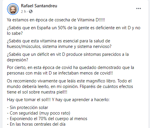 CSanzAndrea's tweet photo. Ahora que empieza el #verano recordad NO tomar el sol  en las horas centrales del día, entended que lo de la vitamina D varia, y que Holick va a congresos ortomoleculares además de prometer mejorar el #cancer o el autismo, pasad de lo que os diga Rafael Santandreu en serio. https://t.co/XE2rrAf9xw