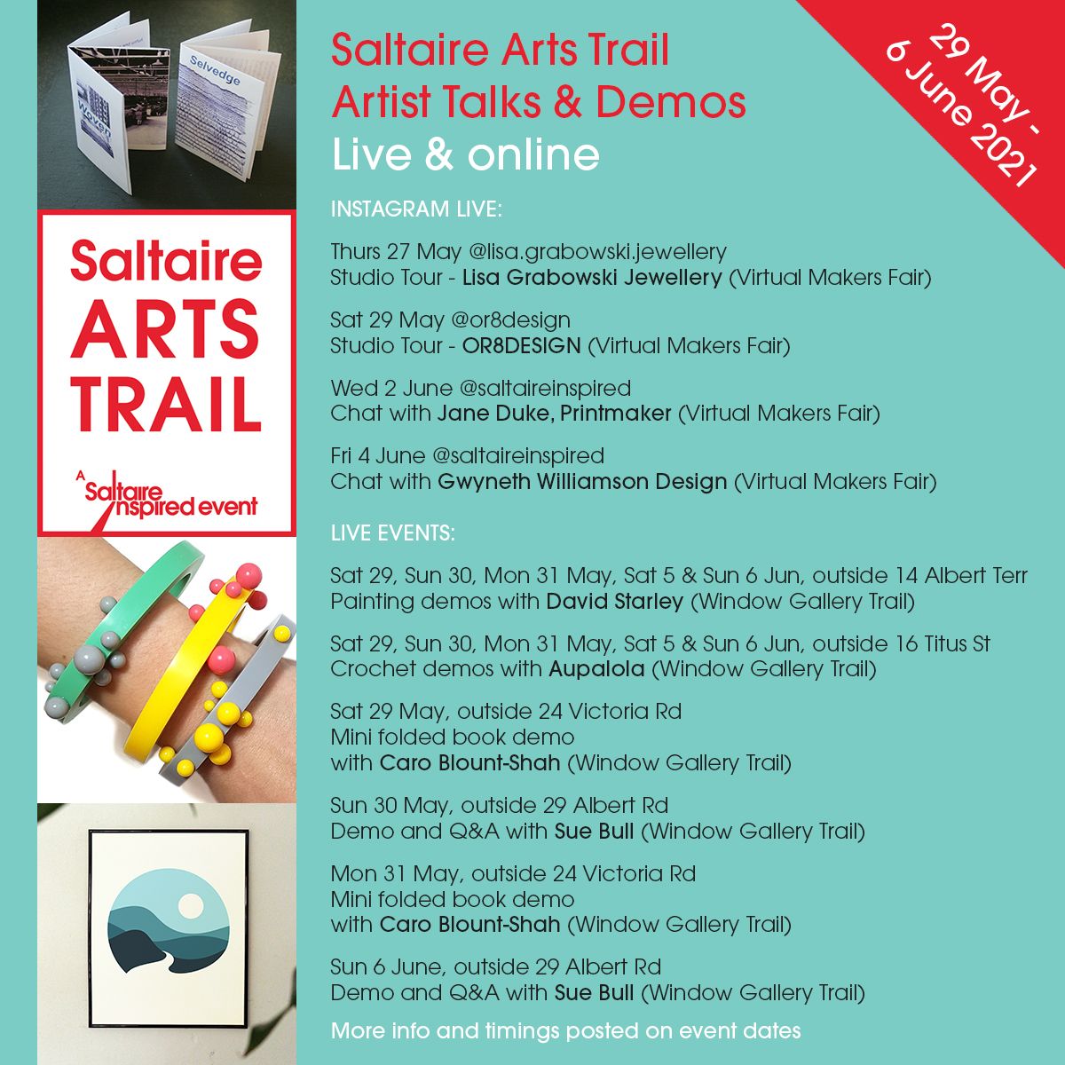 Find out more about some of our exhibiting artists and their work, with online and live demos, talks and studio tours throughout Saltaire Arts Trail (29 May - 6 June). 
#saltaireartstrail #saltaire #visualarts #contemporarycraft #studiotour #artistsdemos