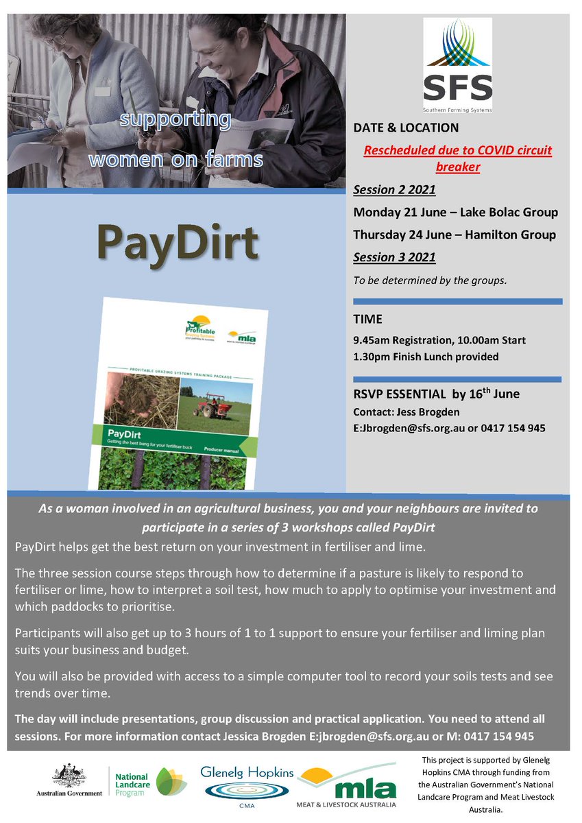 Women on Farms PayDirt Session 2 has been rescheduled due to COVID Circuit Breaker.
Lake Bolac Group -  Monday 21st June
Hamilton Group -  Thursday 24th June
To attend you must have participated Session One.
<a href="/GHCMA/">Glenelg Hopkins CMA</a> @AusLandcare
