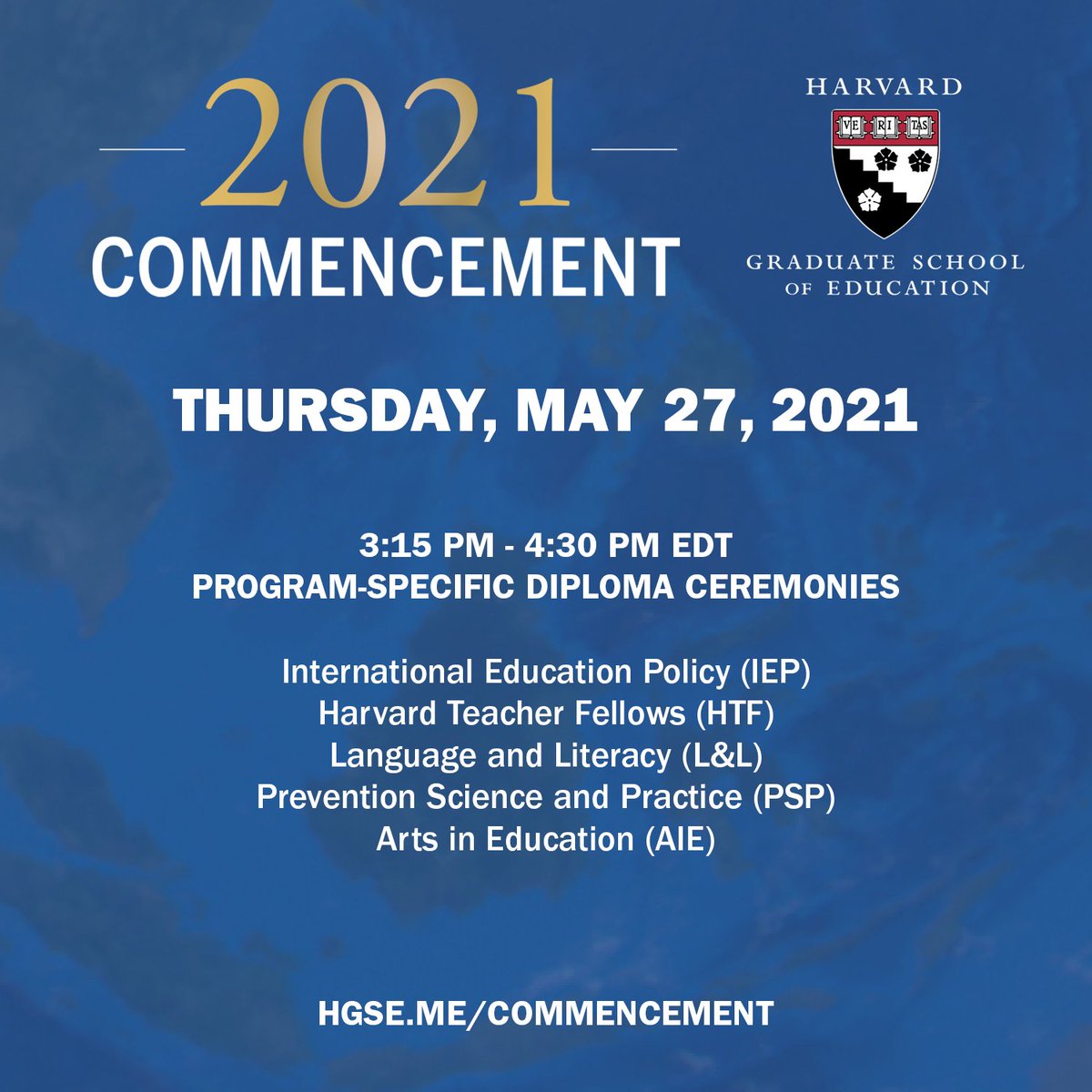 Today is the day, #HGSE21! Are you ready to graduate and take on the world?

For today's schedule of events and find information on today's ceremonies, visit hgse.me/3wGAcNh.