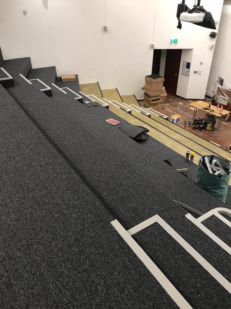 Work in progress for lecture theatre auditorium using <a href="/Marlings/">Christina Marling</a>_Ltd Burbury tile teamed with @marlings &amp; <a href="/Gradus_World/">Gradus</a> nosings