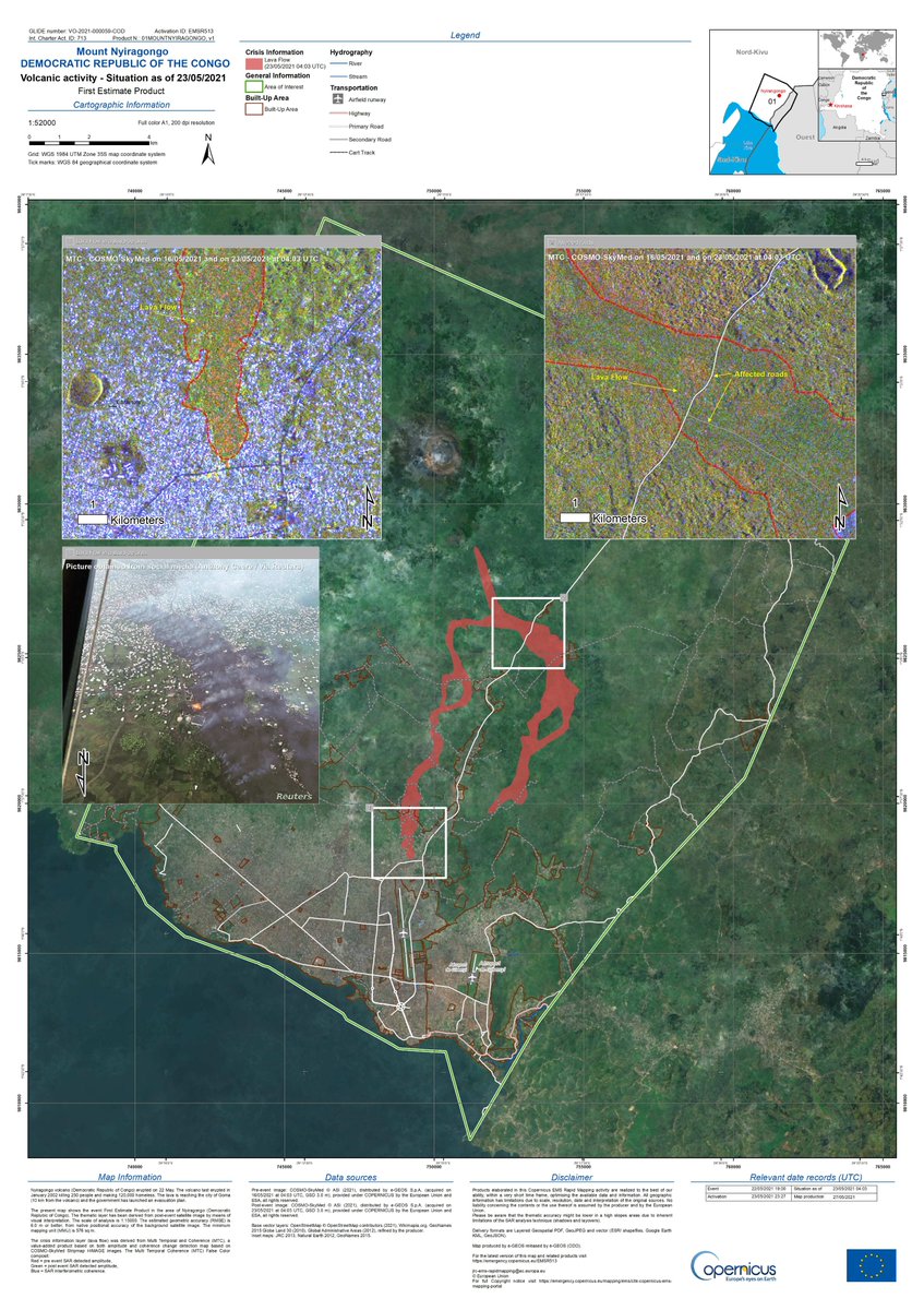 #NyiragongoEruption 

🇪🇺🛰️<a href="/CopernicusEMS/">Copernicus EMS</a> has been activated by <a href="/eu_echo/">EU Civil Protection & Humanitarian Aid 🇪🇺</a> to provide rapid mapping products.

The first estimate product shows the extent and impacted infrastructure. 👇Lava has reached the city of Goma, 10 km away.

👉bit.ly/3fOJW0X