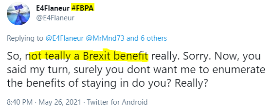 GiveUsAQuid's tweet photo. Today's winners of my 'benefits of Brexit' award.

Bonus points to E4Flaneur for the mutant strain, #FBPA; to MariStar for what I think may be the latest mutant strain, #FBBP; and to Andy for #ClimateCrisis and #NHS, in their respective handles.

Congratulations to all winners!😂 https://t.co/3KSTP1Chj5