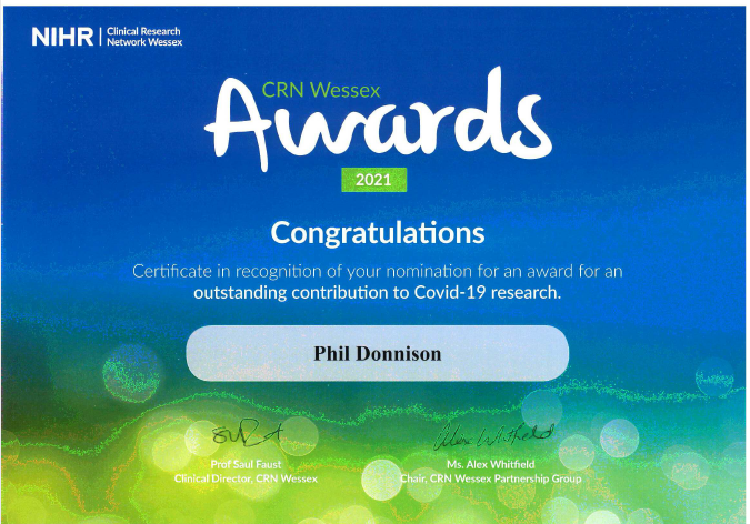 SDHResearch's tweet photo. The @NIHRCRNWessex @SalisburyNHS research award nominee certificates have arrived! Congratulations to Phil Donnison @SDHcriticalcare for your nomination for 'outstanding contribution to Covid-19 research' #bepartofresearch #outstandingeverytime @liverandbunions @maidofyorkshire https://t.co/JQgdn78mju