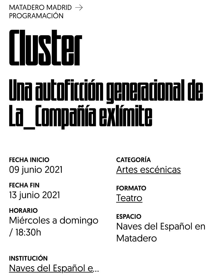 ESTE FIN DE SEMANA ACABAMOS NUESTRO VIAJE EN <a href="/exlimite/">exlímite</a> Y NOS SUBIMOS A LAS NAVES DEL ESPAÑOL PARA CONTINUAR...

EL MATADERO NOS ESPERA DEL 9 AL 13 DE JUNIO Y NOSOTRXS OS ESPERAMOS ALLÍ A TODXS VOSOTRXS!!!

#Cluster