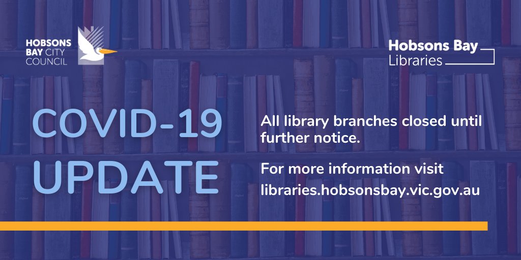 ⚠️ In line with today's announcements from the Victorian State Government, all Hobsons Bay Libraries will be closed from Friday 28 May until further notice. Detailed info is available on our website: bit.ly/3a95Ydj
#covid19update #staysafe #stayhome