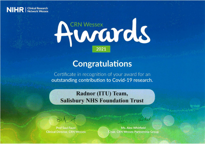 SDHResearch's tweet photo. And congratulations to the @salisburyNHS @NIHRCRNWessex research award winners of the 'outstanding team contribution to COVID-19 research', @SDHcriticalcare @martinjamescook @liverandbunions @maidofyorkshire #bepartofresearch #outstandingeverytime https://t.co/gkucK4Pl6x