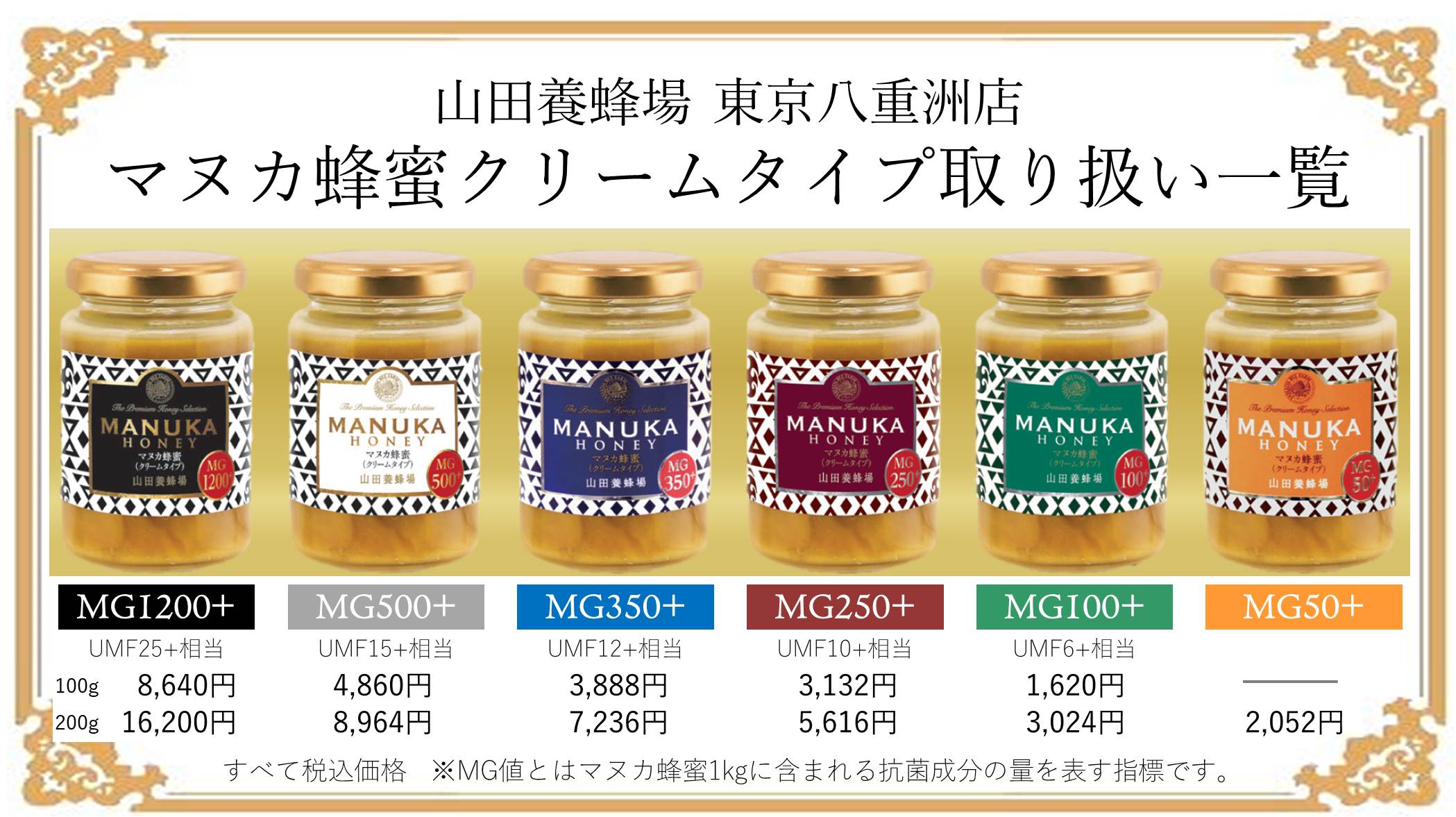 山田養蜂場 東京八重洲店 マヌカ蜂蜜 健康効果の高いことで知られるマヌカ蜂蜜 初めての方から本格志向の方まで選びやすいよう 抗菌性の数値やサイズ違いで11種類ご用意しています ニュージーランドに自生するマヌカから採蜜し 厳しい検査を経て