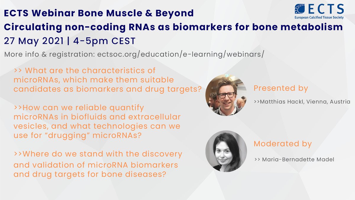 ECTS_soc's tweet photo. Join us today at 4pm CEST. Register for free and join Matthias Hackl to learn more on the use of circulating non-coding RNAs as biomarkers for bone metabolism. More info and registration: https://t.co/B4uqEryaec #ectswebinar #learning @MB__Madel https://t.co/IzAFI3VOWN