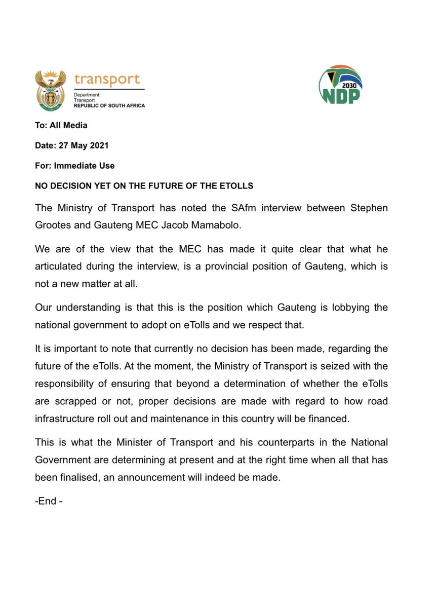 MbalulaFikile's tweet photo. NO DECISION YET ON THE FUTURE OF THE ETOLLS

We are of the view that the MEC has made it quite clear that what he articulated during the interview, is a provincial position of Gauteng, which is not a new matter at all. https://t.co/5j1Qwl8kWL