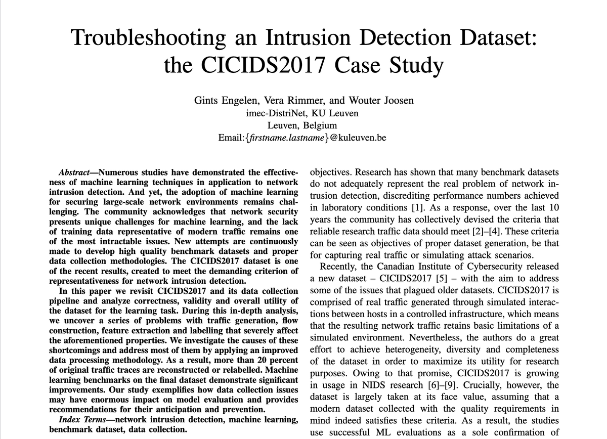 eramm314's tweet photo. Good quality security datasets are hard to obtain. Even worse, sometimes we apply ML to flawed data without knowing it! Today at 16:00PM CEST at #WTMC21 @IEEESSP we troubleshoot the widely-known modern intrusion detection dataset CICIDS2017 - tune in to learn the results!
(1/5) https://t.co/fuTHIg8CuO