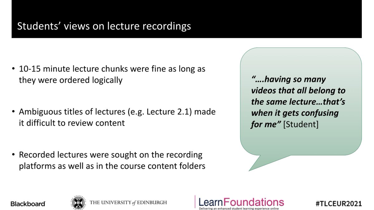 How often do you consider how lecture recordings are titled, how your students are responding to the length of the recordings and where your students find their lectures? Emma Horrell, Content Designer at <a href="/EdinburghUni/">The University of Edinburgh</a> discusses students' views on lecture recordings. #TLCEUR2021