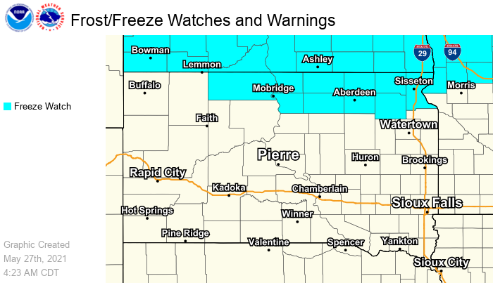 Cold air settling in overnight into early Friday morning. A Freeze Watch has been issued for portions of north central to northeastern SD, and west central Minnesota. 

Get the most up to date forecast for your specific location at https://t.co/FlEXA9E2ML 
#sdwx #mnwx https://t.co/39V6fr0iqF