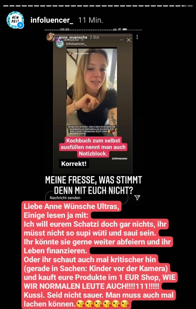 ❗Achtung❗
Bitte folgen Sie mir nicht. Ich bin ein Hater mit Fakeprofil.
Mich gibt es gar nicht wirklich und wenn, dann nur sehr hasserfüllt.
Rette sich wer kann.

Ach Anne, wurde da ein Nerv bei dir und den Fans getroffen oder was hat dieser kleine, feine Spruch da ausgelöst?