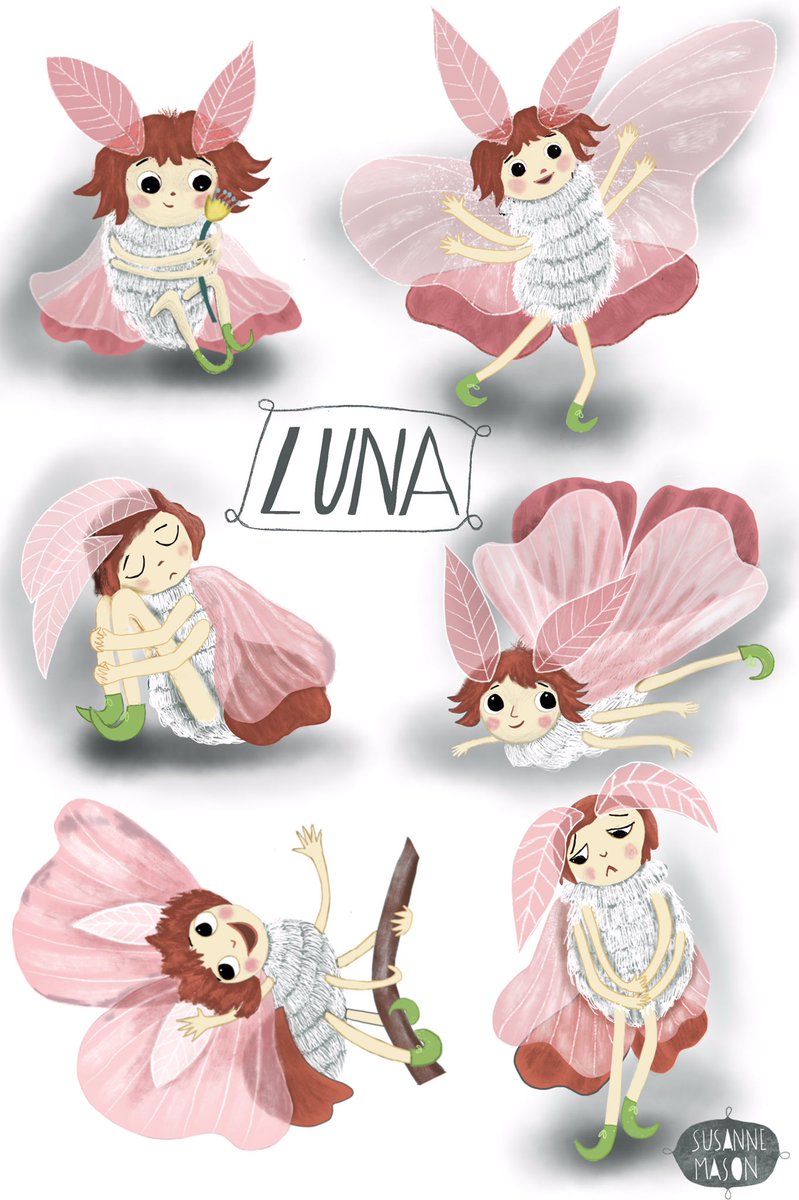 Working on #characterdesign for a #picturebook about a moth and a firefly. Here are poses of Luna. #pbpitch #kidlitart #zoetuckerdesign #lillarogers #picturebookillustrations