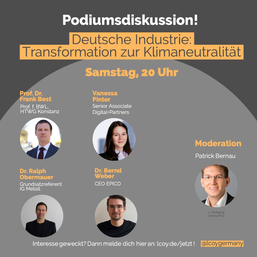 "Deutsche Industrie: Transformation zur Klimaneutralität" -
Prof. Frank Best (@HTWG, <a href="/sciforfuture/">Scientists for Future 🇩🇪 (stillgelegt)</a>), Dr. Ralph Obermauer (<a href="/IGMetall/">IG Metall</a>), Vanessa Pinter und Dr. Bernd Weber (@b_weber_, <a href="/EPICO_online/">EPICO</a>) diskutieren mit <a href="/PatrickBernau/">Patrick Bernau</a> (<a href="/faznet/">Frankfurter Allgemeine</a>)
-> Sa 29.05. 20:00 live.lcoy.de