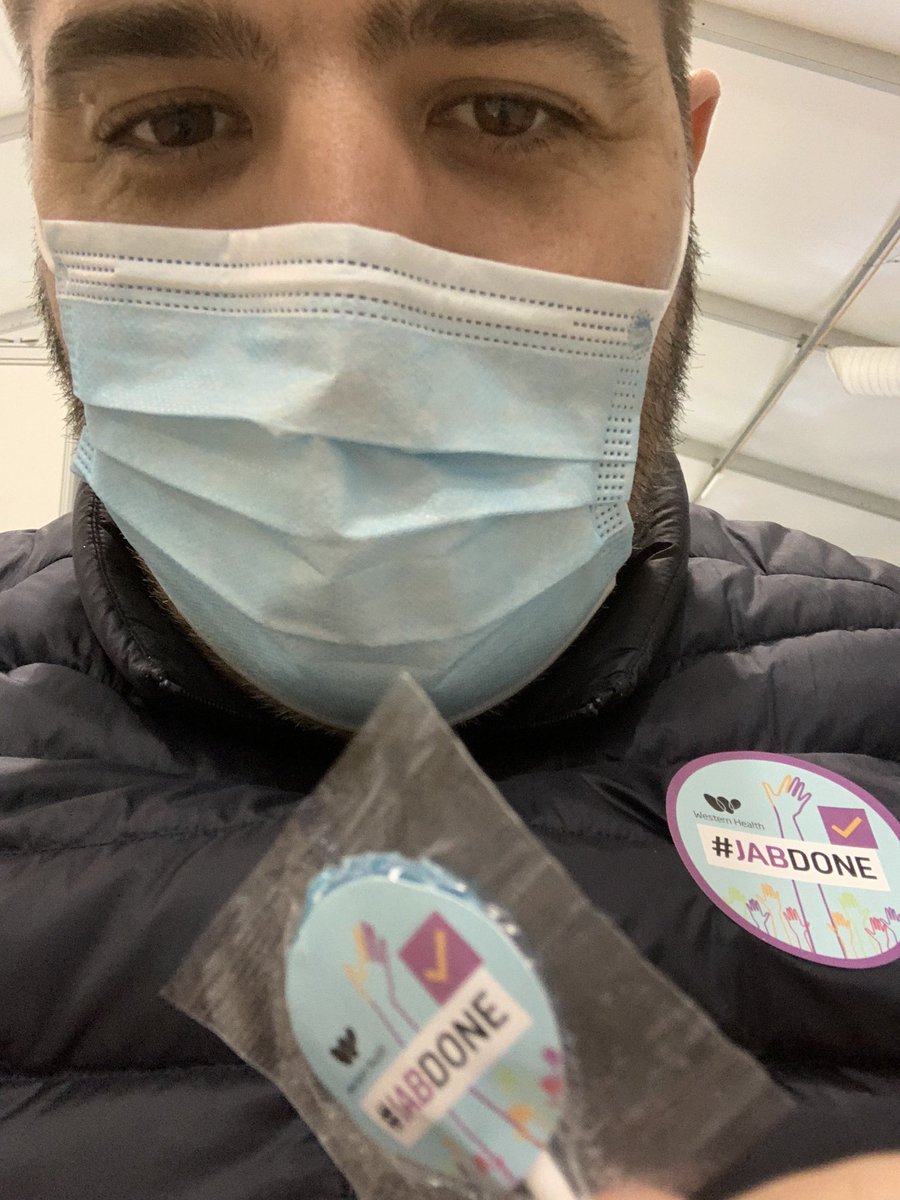 MarkCorrie's tweet photo. #jabdone they gave me a lollipop #COVID19Vic https://t.co/FOLHfyFsH3