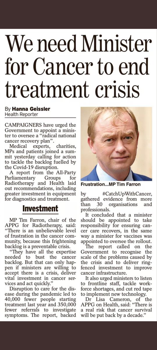 RTherapy4Life's tweet photo. #CatchUpWithCancer campaign, clinicians and MPs urge Government to appoint Minister in charge of cancer backlog❗ 
@Daily_Express today. Covers important report by APPG chairs @timfarron
@grahamemorris
@DrLisaCameronMP
@APPGRT @prof_price
https://t.co/c4OPlxuAXG https://t.co/VyqCSJvWbj