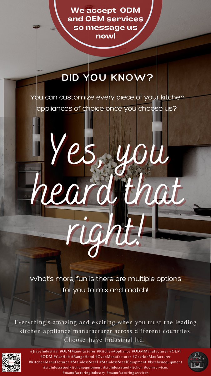 Everything's amazing and exciting when you trust the leading kitchen appliance manufacturer across different countries. Choose Jiaye Industrial ltd. We accept ODM and OEM services so message us now!  

#JiayeIndustrial #OEMManufacturer #KitchenAppliance #ODMManufacturer #OEM #ODM