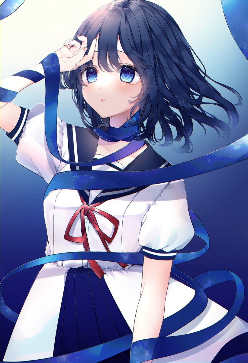 1girl ribbon solo blue eyes short sleeves blue ribbon school uniform  illustration images
