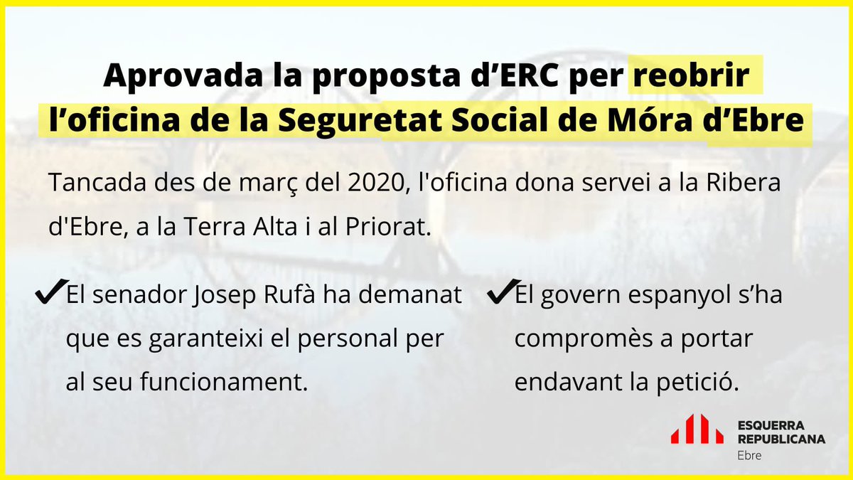 ✅Aprovada la proposta d’<a href="/Esquerra_ERC/">Esquerra Republicana</a> per reobrir l’oficina de la Seguretat Social de Móra d’Ebre. <a href="/ERCEbre/">Esquerra Republicana Federació de l'Ebre</a> <a href="/RadioMoradEbre/">Ràdio Móra d'Ebre</a>