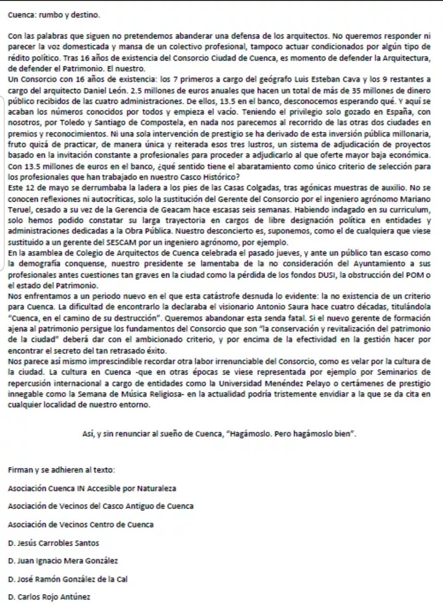 Cuenca_In_'s tweet photo. Ante los preocupantes acontecimientos sufridos en la ciudad y preocupados por la trayectoria pasada y presente, manifestamos nuestra enorme preocupación con la presente comunicación. https://t.co/vXJuMbenhL