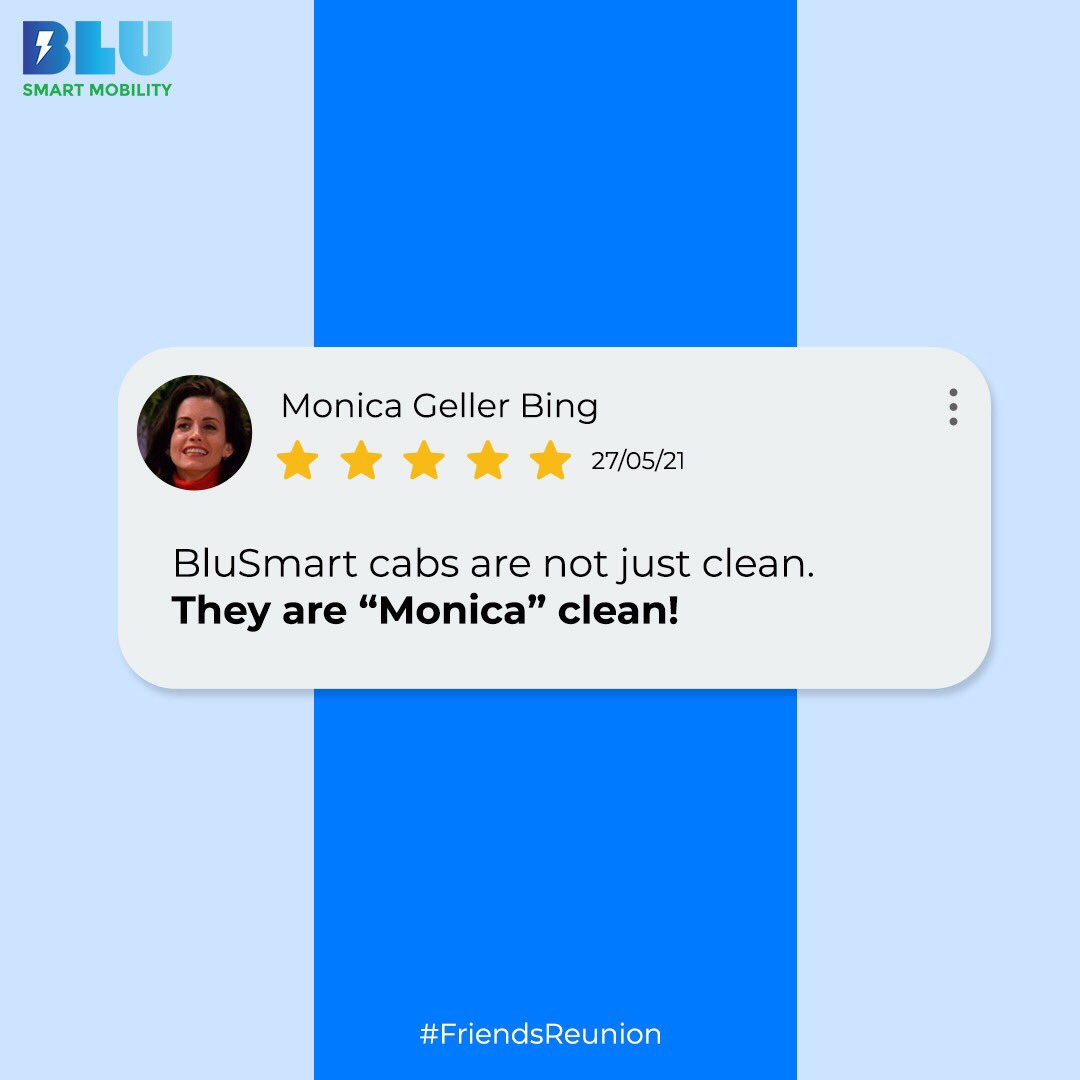 BluSmartIndia's tweet photo. Hygiene level: Monica approved ✅ 

What did you think of the reunion episode? Tell us in the comments 🤩👇🏻

#Friends #FriendsReunion  #FriendsTVShow #Reunion #theonewheretheygetbacktogether  #RideElectric #RideChoice #BluSmart #topicalspot https://t.co/4gb1GqyLQJ