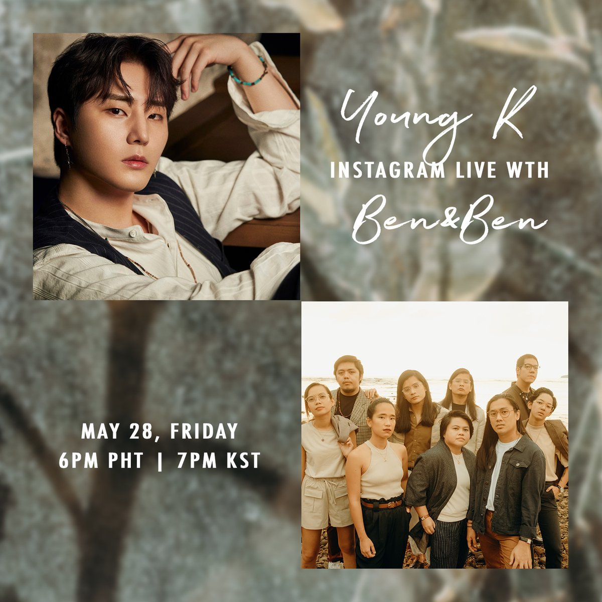 BenAndBenMusic's tweet photo. INSTAGRAM LIVE WITH YOUNG K (of @day6official)
To celebrate the release of the new collab on our song "Leaves", we'll hang out with Young K tomorrow (Fri) at 6PM PHT on our Instagram Live (@benandbenmusic).

the collab drops tonight at midnight! pre-save: https://t.co/KjIl2hTQ7W https://t.co/1PuJFC27Mi