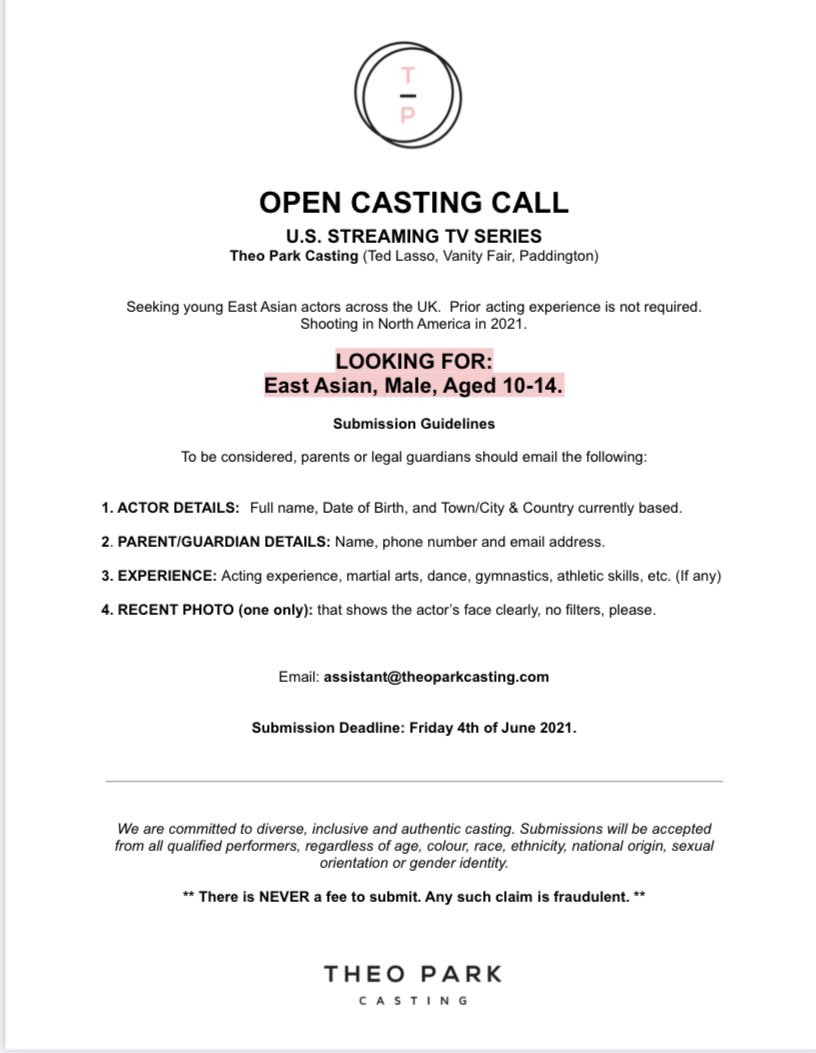 #casting #eastasian #actors #audition #tv email photo &amp; details to assistant@theoparkcasting.com