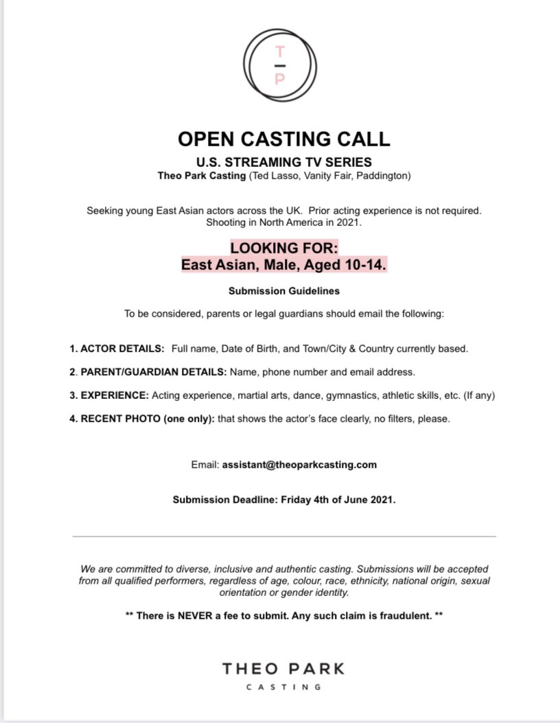 #casting #eastasian #actors #audition #tv email photo & details to assistant@theoparkcasting.com