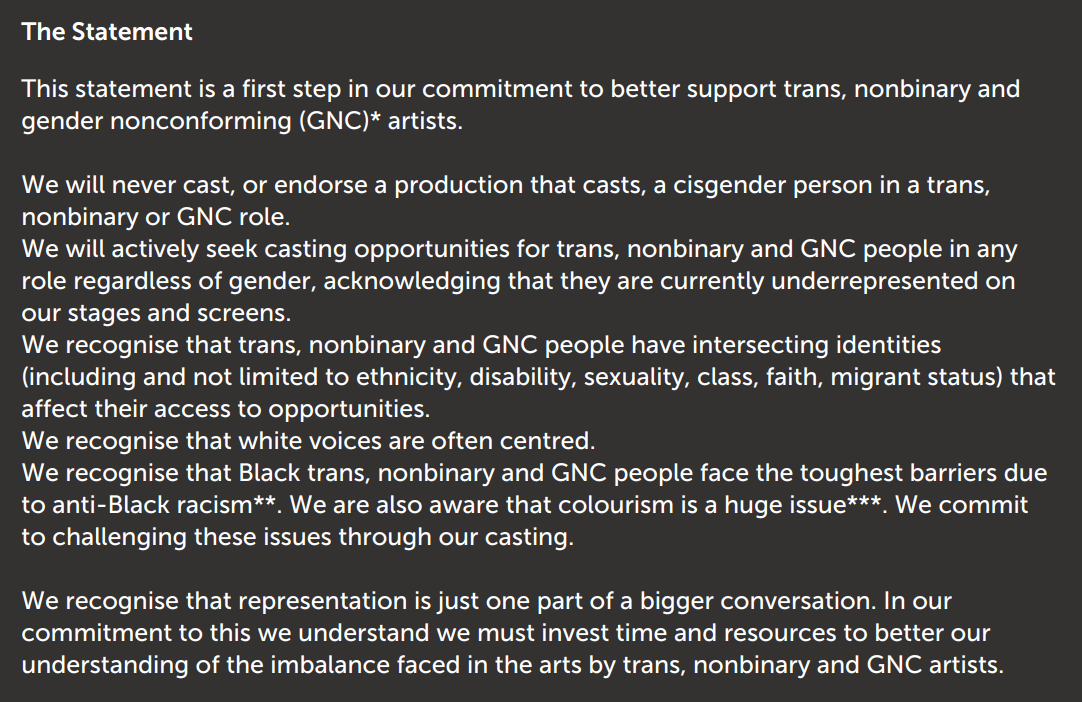 OxfordPlayhouse's tweet photo. OP is proud to have signed up to the #TransCasting Statement. We will always cast trans people in trans roles & will never endorse a production that casts a cis person in a trans role.
Join us in making a small commitment to a big change.
Read more here: https://t.co/Wkz9fiCpIH https://t.co/U5aNiN60vP