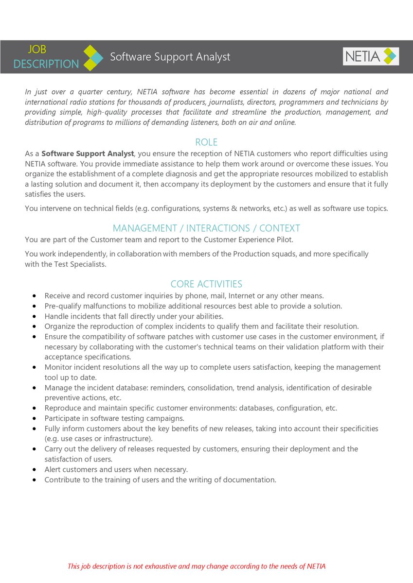 #JobAlert #Emploi We’re recruiting !
We are looking for a Software Support Analyst and a Software Test &amp; Validation Specialist. 
Contact and more information : netia.com/index.php/en/r…