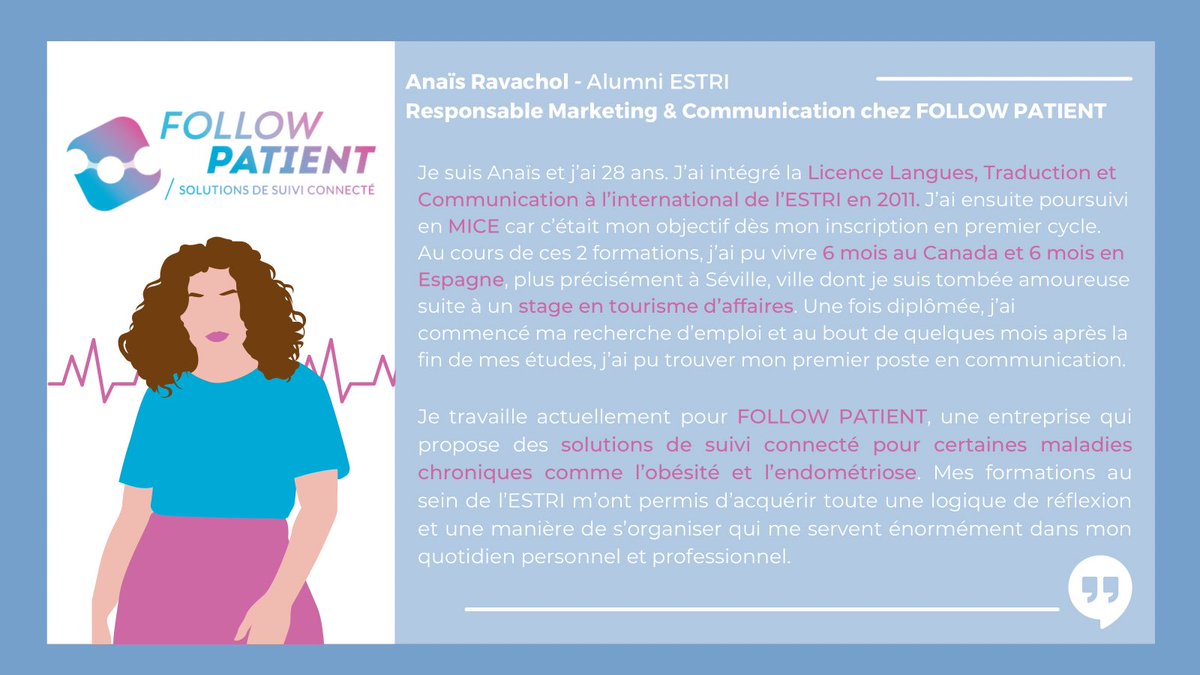 estrilyon's tweet photo. 🎓 Les #Alumnis #estri 

🔎@AnaisRvch, ancienne étudiante à l’ESTRI et actuellement responsable Marketing et Communication chez @FollowPatient, nous parle de son parcours au sein de l’ESTRI et de son expérience dans la #communication https://t.co/CHVnf2HjZW